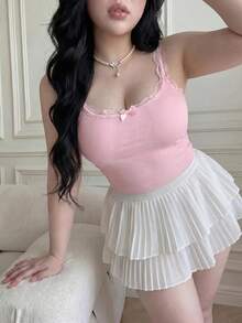 Vibekara Große Größen Schleife Dekoration Geripptes Camisole - Pink - Übersicht 3