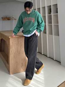 DAZY Autumn/Winter Thickened Letter Print Military Green Crew Neck Men's Pullover Sweatshirt - Green - View 5