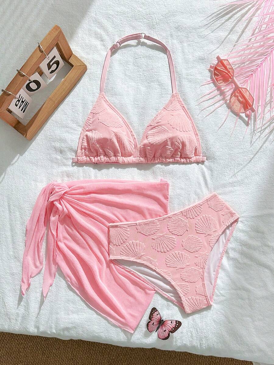 SHEIN 女童泳衣套裝 3 件組 粉色系列 兒童分體比基尼泳裝 海灘度假派對 春夏款 - 彩色 - 查看 1