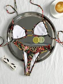 Swim SXY Women's Summer 2-Piece Sexy Leopard Print Metal Decor Spaghetti Strap Halter Bikini Set - Multicolor - View 2