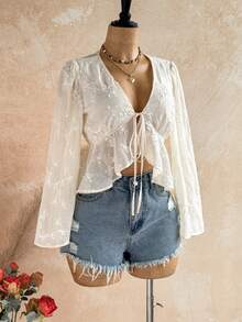Soleia V-Neck Bell Sleeve Tie Ruffle Hem Blouse - White - View 4