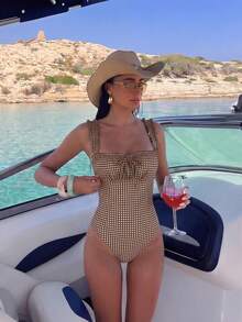 SHEIN MOD Women's Summer Beach Vacation Style Printed Frill Trim Knot Front Ruched One-Piece Swimsuit - Brown - View 1