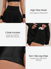 GLOWMODE Ace Flex Tummy Control Pleated Tennis Skirt With Built-In Shorts Side Pockets Tennis Golf Daily Spring  Spring Summer - Black - View 4