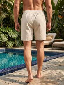 VIVINTIMO Pantalones cortos casuales de vacaciones para hombre, unicolor con cintura con cordón, para días festivos - Beis - View 2