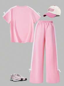 Girls 2pcs Set Solid Color Knit Round Neck T-Shirt + Wide Leg Long Pants Set, 3D Bow Decoration, Side Seam Color Block Stripe Decoration, American Minimalist Casual, Sports Style, Suitable For Daily Casual, Sports Wear In Spring And Summer - Pink - View 2