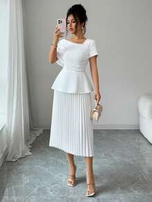 SHEIN Elenzya Đầm midi nữ màu trơn phối lưới xếp ly - trắng - Xem 1