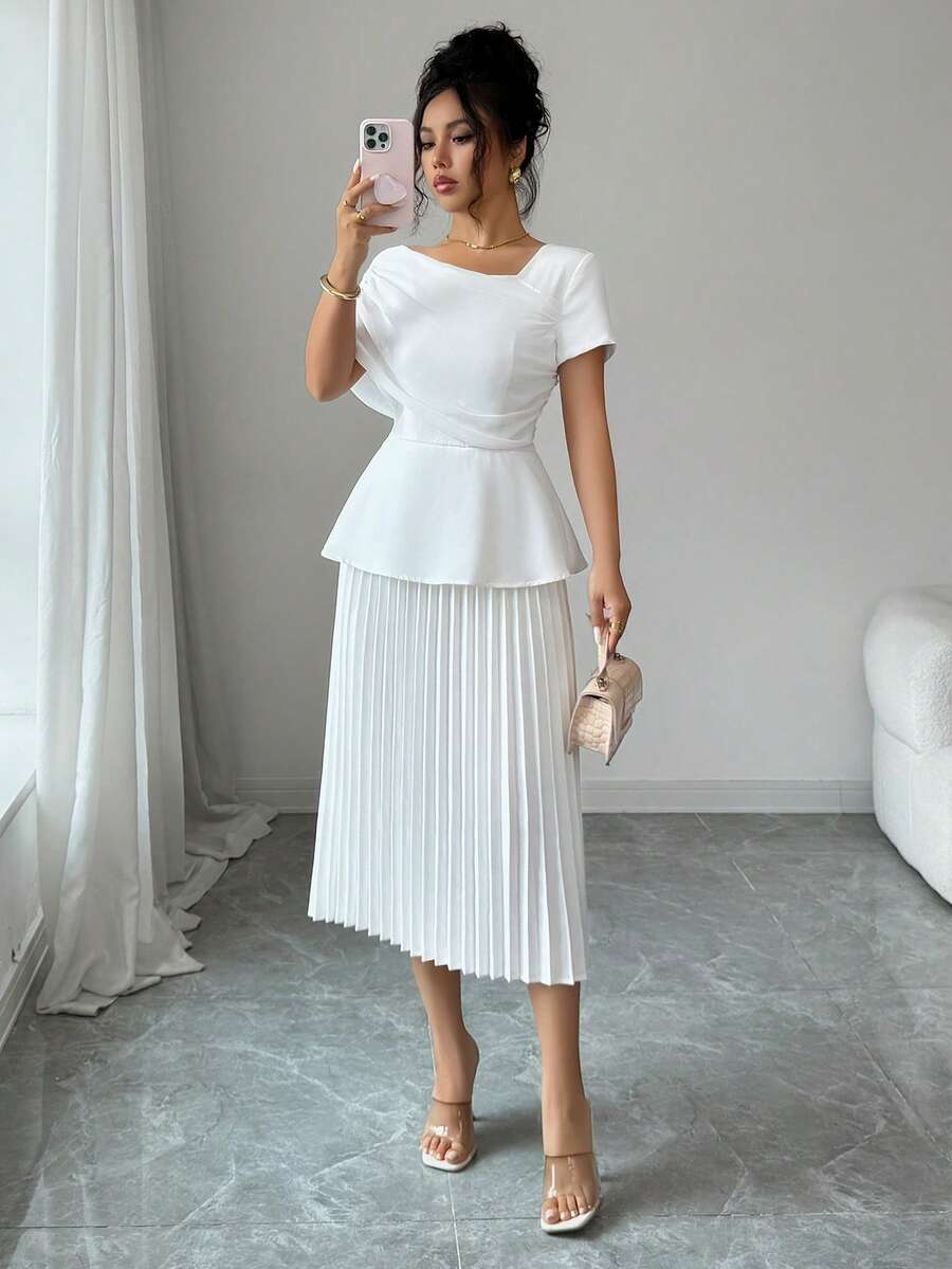 SHEIN Elenzya Đầm midi nữ màu trơn phối lưới xếp ly - trắng - Xem 1