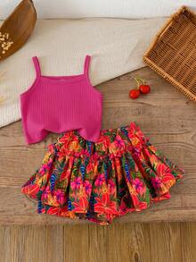 SHEIN LMoss Kids 女嬰針織素色吊帶上衣與碎花短褲兩件套 - 玫紅色 - 查看 3