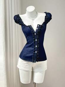 Elamini Women's Summer Casual Front Button Cross Tie Waist Denim Top - Dark Wash - View 5