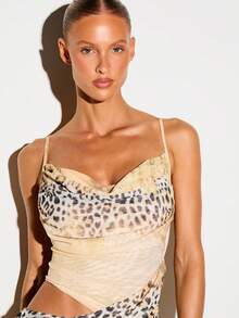 KIZN Animal Leopard Print Cowl Neck Drape Maxi Dress With Cut-Out Waist Detail And Spaghetti Straps Summer Evening - Multicolor - View 5