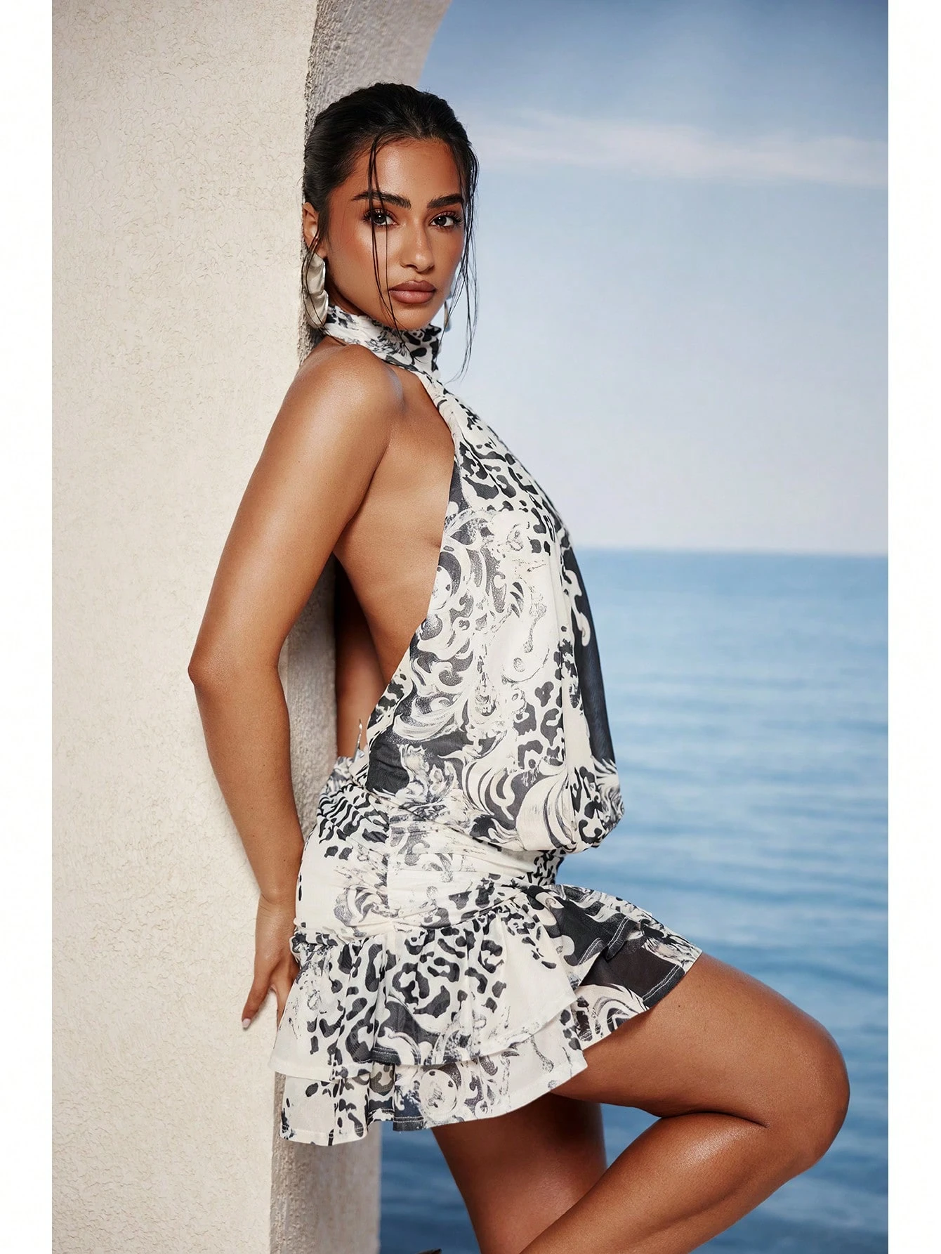 Halter Neck Backless Mini Dress With Frill Hem