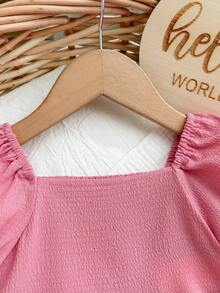 SHEIN 女嬰夏季可愛素色短袖上衣與長褲套裝 - 粉色 - 查看 5