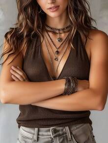 EMERY ROSE Top de punto sexy con cuello halter y escote en V superpuesto de color liso para mujer - Caqui - Ver 4