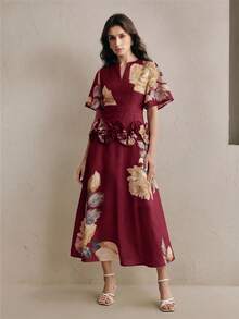 Anewsta 女款春夏季優雅多色花卉印花圓領短袖A字收腰顯瘦長洋裝，胸前波浪蓮花荷葉邊飾增添層次感，浪漫優雅，適合日常穿著、度假、婚禮、海灘及其他場合 - 紅色 - 查看 4