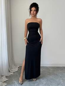 SHEIN Elenzya Fitted Strapless Dress With Lace Stand Collar And Solid Color Cut - Black - View 7