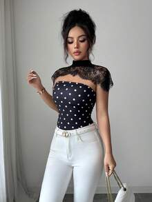 SHEIN Elenzya 女款夏季性感對比蕾絲波點印花修身上衣 - 黑與白 - 查看 4