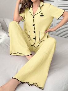 Côtesoire 櫻桃刺繡對比飾邊短袖長褲女款睡衣套裝 - 黃色 - 查看 5