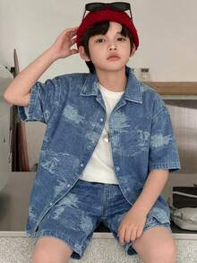Dazy Kids Textured Design Lapel Shacket + Straight Leg Denim Shorts Casual Cool Tween Boys Denim Set Summer - Medium Wash - View 1