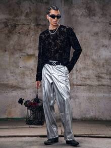Skyrend Men's PU Leather Pocket Loose Fit Wide Leg Pants Silver Pants Flare Pants Metallic Pants Reflective Pants Rave Pantsemo Grunge - Silver - View 7