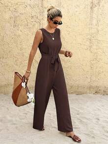 SHEIN Frenchy Women's Solid Color Round Neck Back Contrast Lace Sleeveless Elegant Jumpsuit - Coffee Brown - View 9