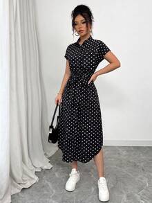 SHEIN Raffinéa 女款休閒度假旅行豹紋前扣鈕扣腰帶蝴蝶結口袋側開衩 2025 夏季新款短袖長洋裝 - 黑色 - 查看 7