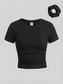 SHEIN Girlism Tween Girl Black Summer Basic Casual School Fitted Crew Neck Short Sleeve T-Shirt With Side Ruching & Hair Scrunchie,Stylish Girly Style Holiday Tops - Black - View 1