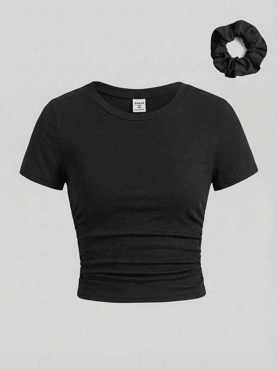 SHEIN Girlism Tween Girl Black Summer Basic Casual School Fitted Crew Neck Short Sleeve T-Shirt With Side Ruching & Hair Scrunchie,Stylish Girly Style Holiday Tops - Black - View 1