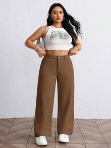 SHEIN EZwear 大尺碼女款無彈力棕色寬腿牛仔褲，寬鬆顯瘦中腰休閒直筒牛仔褲，適合正式派對與夏季穿著 - 咖啡棕 - 查看 3
