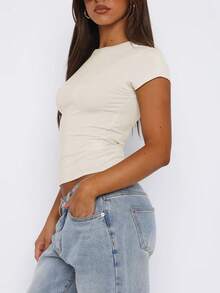 INAWLY Women's Summer Solid Color Round Neck Short Sleeve Slim Fit T-Shirt - Beige - View 4