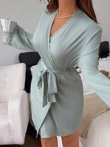 Napfluff Solid Color Lace Patchwork Slim Fit Camisole Pants With Long Sleeve Women's Loungewear Robe - Green - View 3