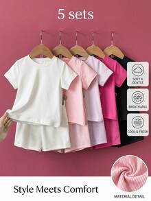 SHEIN Playful Pals 5套女嬰休閒粉色黑白色純色圓領短袖柔軟T恤與短褲套裝，日常春夏季穿搭 - 彩色 - 查看 9