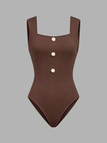 GlowEve Women's Solid Color Button Casual Versatile Daily Outing Bodysuit - Brown - View 4