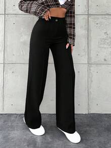SHEIN PETITE Lässige einfarbige Weite-Bein-Hose für zierliche Frauen - Schwarz - Übersicht 5
