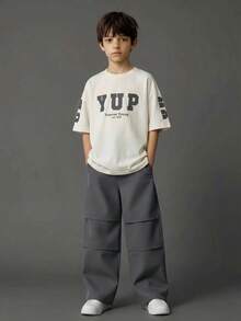 SHEIN Casuvi Kids 青少年男孩字母印花T恤與長褲兩件套 - 灰色 - 查看 8