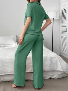 Côtesoire Cherry Embroidery Contrast Trim Short Sleeve Long Pants Women's Pajama Set - Green - View 2