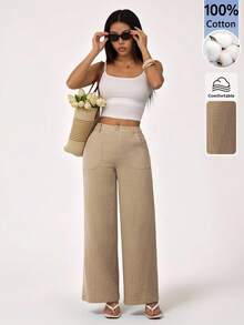 SHEIN PETITE 100% Washed Cotton Low Waist Straight Pants ,Petite Women - Khaki - View 5