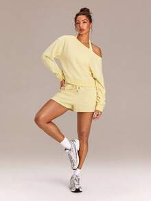 GLOWMODE Everyday Terry GlowOff Soft Breathable Sweat-Wicking Oversized Loose Fit Off-Shoulder Pullover Sweatshirt Daily Casual Wear - French Vanilla - View 6