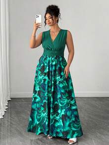SHEIN LUNE Robe d'été décontractée de vacances, style rétro français élégant, col V, imprimé floral vert, patchwork - Vert - Voir 3