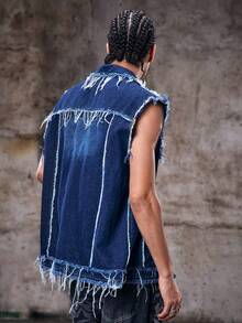 Skyrend Herren gewaschene vintage verwaschene Jeansweste, marineblau gefranste Jeansweste - Blau - Übersicht 2