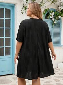 SHEIN CURVE+ New Elegant Casual/Business Casual Women's Short Sleeve Chiffon Shirt Dress, V-Neck Loose Ruffle Sleeve Midi Dress, Plus Size T-Shirt Dress, Plus Size Vacation Dress, Plus Size Black Dress, Black V-Neck Dress - Black - View 3
