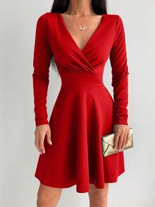EURMUSE Surplice Neck Solid Dress - Red - View 3