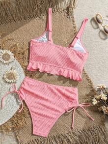Swim Vcay Women's Solid Color Textured Fabric Sweet Ruffle Drawstring Ruched High Waist Tank Bikini Top - Pink - View 2