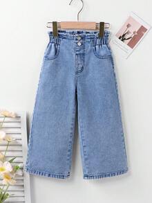 SHEIN Elladie kids 少女休閒波希米亞風度假平腰平口袋寬腿牛仔褲，日常穿搭 OOTD - 中等水洗藍 - 查看 3