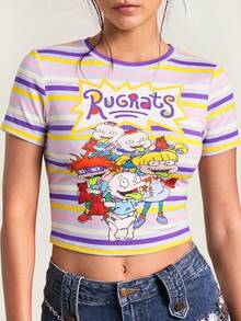 Nick 90s | SHEIN Summer Women's Striped T-Shirt, Tight-Fitting, Cropped, Colorful Stripes, Rugrats, Cartoon Pattern, Daily, Casual, Going Out Wear, Unisex, Gyaru, Spring And Summer - Purple - View 4