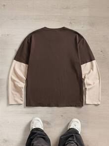 SWAVVY Kaos Pria Lengan Panjang Longgar Kasual Musim Semi/Gugur Ukuran Standar Motif Blok Warna Cokelat & Aprikot - Coffee Brown - View 3