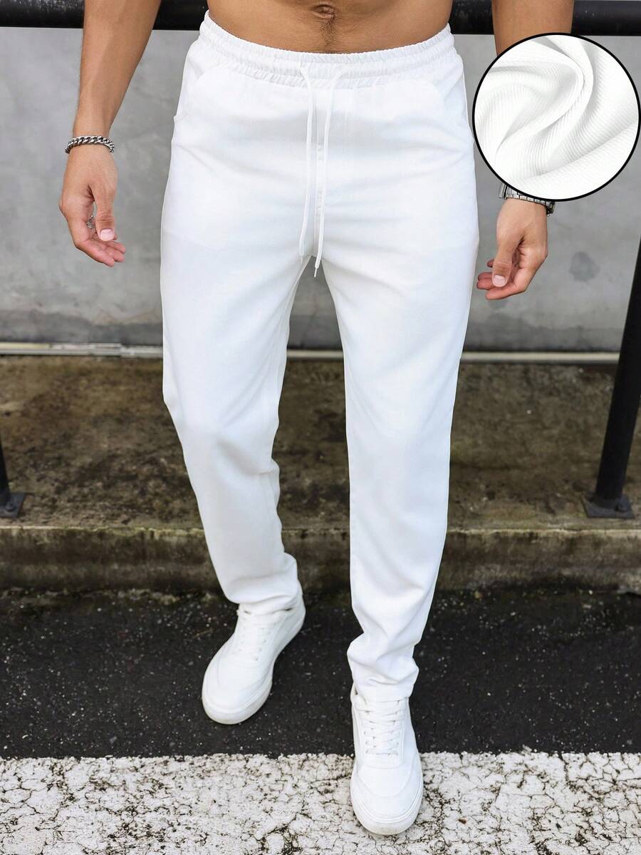 Manfinity Homme 男士修身长裤,纯色长款度假白色休闲裤锥形裤,适合送给丈夫、男朋友的礼物,秋季 - 白色 - 查看 1