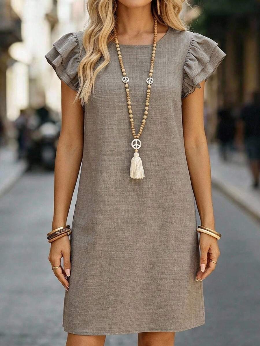 EMERY ROSE Vestido corto casual de cuello redondo con volantes en el bajo para vacaciones de mujer - Multicolor - Ver 1