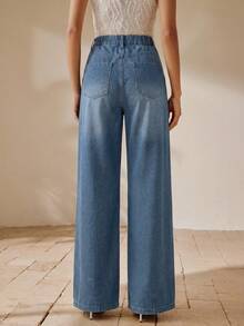 Anewsta Celana Jeans Denim Biru Muda Wanita Musim Semi, Bordir Bunga Baru, Denim Cuci, Serbaguna, Kasual, untuk Perjalanan, Potongan Lurus - Medium Wash - View 2