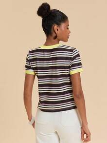 Travachic T-shirt d'été à rayures et blocs de couleurs, col rond, manches courtes, coupe droite, polyvalent - Multicolore - Voir 2