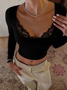 SHEIN SXY Women Plus Size Elegant Lace Collar Splice Slim Fit Long Sleeve T-Shirt Fall - Black - View 9